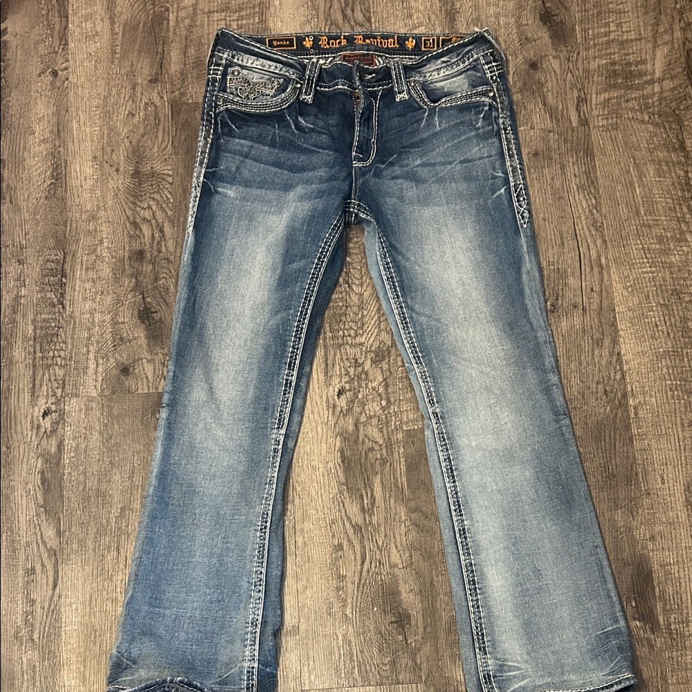Rock Revival Women's Light Blue Boot Cut Jeans with Contrast Stitching
